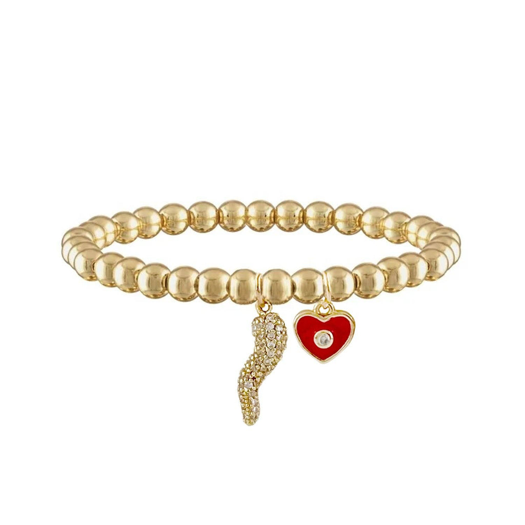 Brandi Heart Horn Evil Eye Beaded Bracelet Gold Stretch - Red/Gold or Pink/Gold