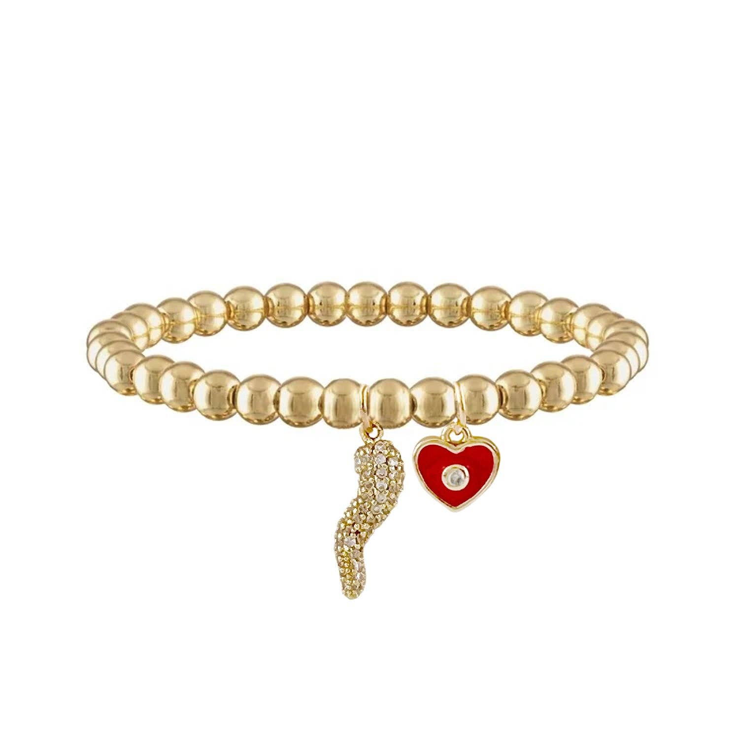 Brandi Heart Horn Evil Eye Beaded Bracelet Gold Stretch - Red/Gold or Pink/Gold