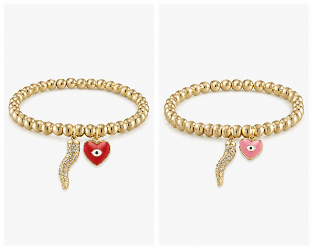 Brandi Heart Horn Evil Eye Beaded Bracelet Gold Stretch - Red/Gold or Pink/Gold