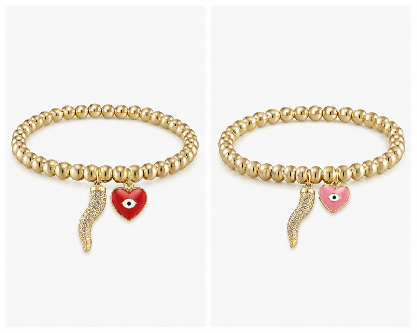 Brandi Heart Horn Evil Eye Beaded Bracelet Gold Stretch - Red/Gold or Pink/Gold